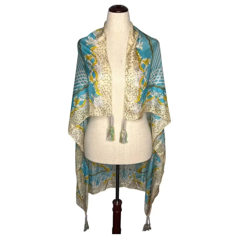 Johnny Was Silk Scarf Tassels Blue Floral Print Square Designer 42x42